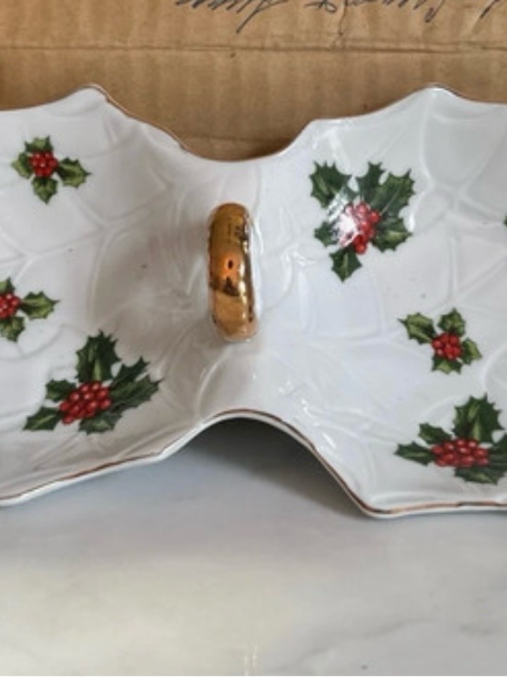 Lefton Holiday Holly Double Dish with Gold Handle